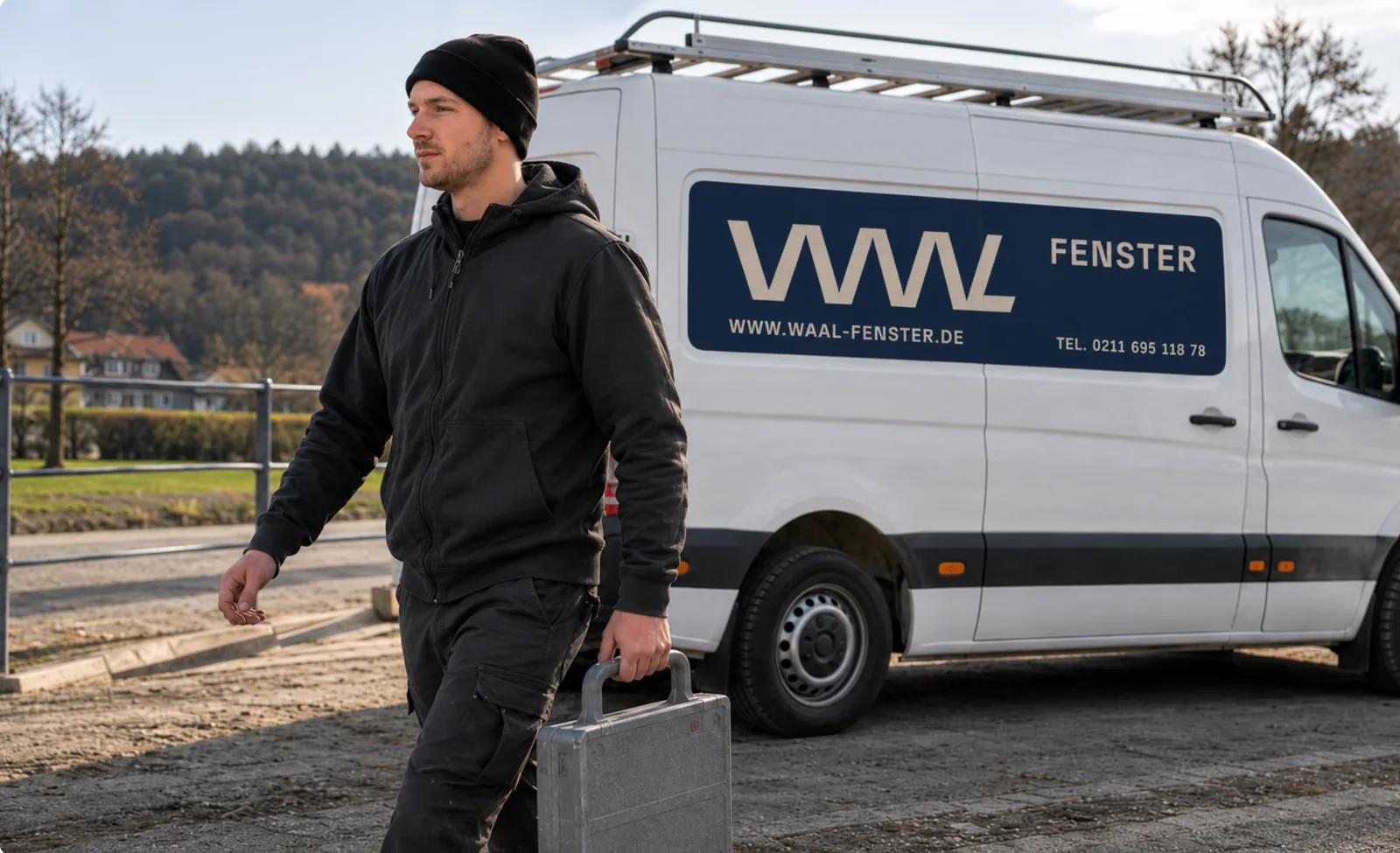 Fenstermontage in Düsseldorf: Monteur vor dem Firmentransporter